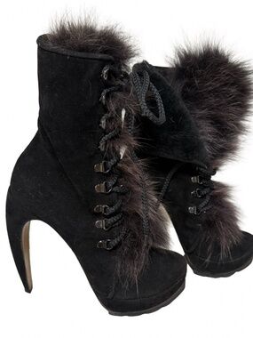 Walter Steiger Black Suede Fox Fur Boots Booties Sz 38/8